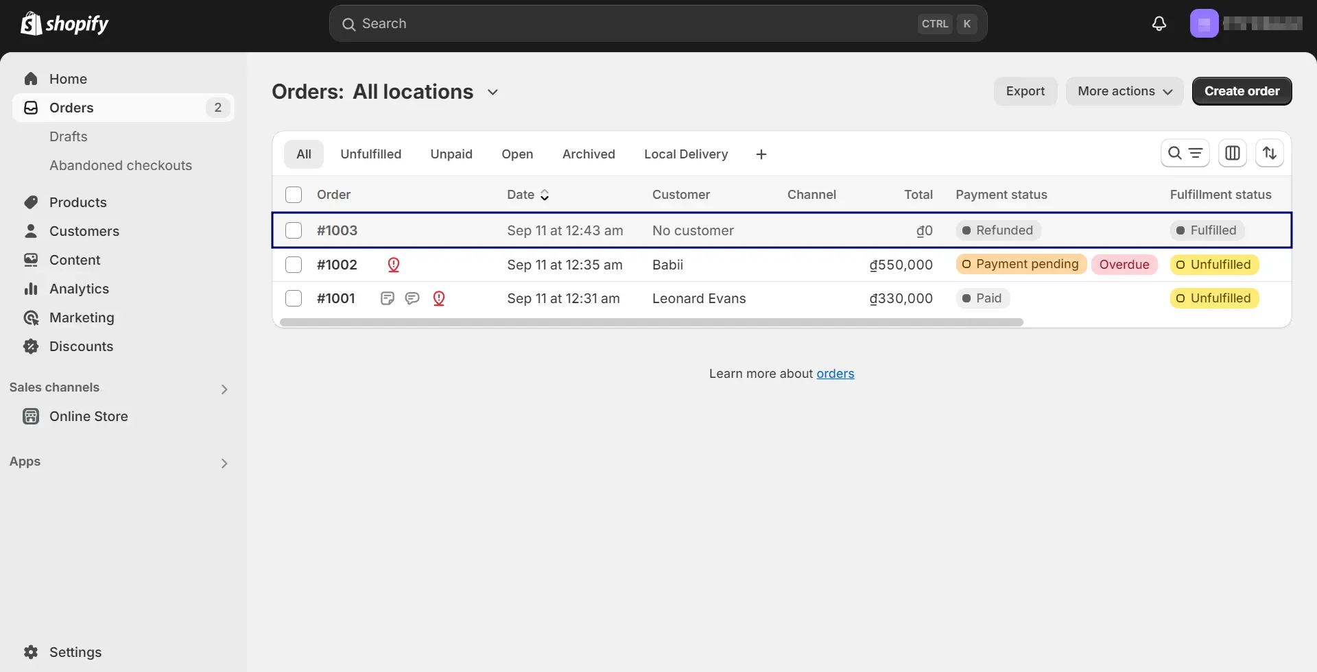 Locate and click on the fulfilled order